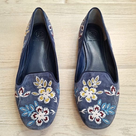 Tory Burch Blue Leather Floral Embroidered Smoking Loafers Slippers - Size 7.5 - Picture 3 of 9